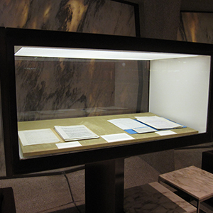 Classic case retrofitted for improved archival qualities and upgraded lighting, Yale University Beinecke Rare Book Library