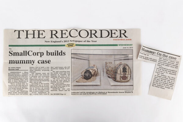 The Recorder newspaper clipping of SmallCorp building mummy case for Mass General Hospital.