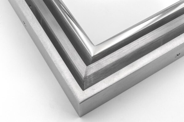 SmallCorp welded aluminum frame corner sample with polished, brushed, and random orbital finish